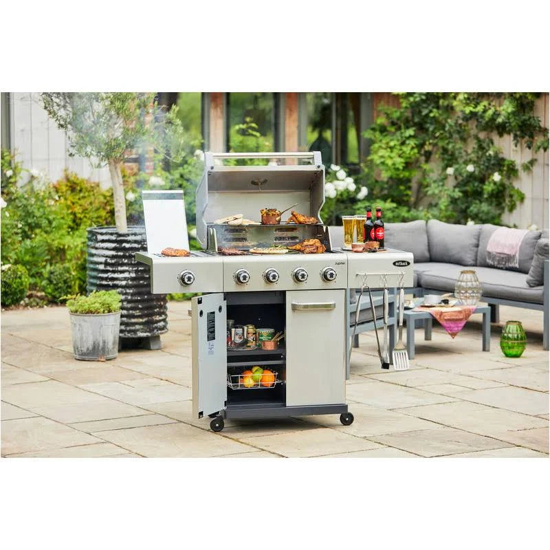Premium Jupiter 4 Stainless Steel Hybrid Grill mit Abdeckung, Pizza Stone und Grillplatte